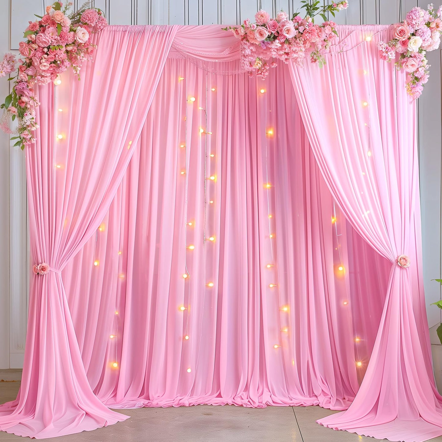 10x10ft Pink Backdrop Curtain with Lights String for Parties Wedding Wrinkle Free Soft Curtains Photo Backdrop Drapes for Girls Birthday Baby Shower Background Decorations 5x10ft, 2 Panels