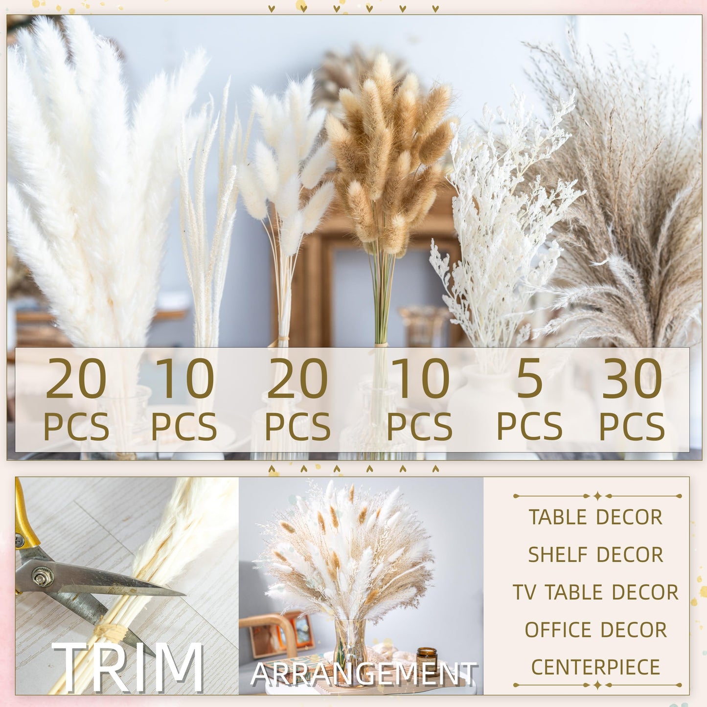 95 PCS Natural Pampas Grass Decor Bouquet | Boho Dried Floral Arrangement Centerpiece Table Decor Wedding Decor Rustic Decor, Natural, white, beige (Fdm-b-01)