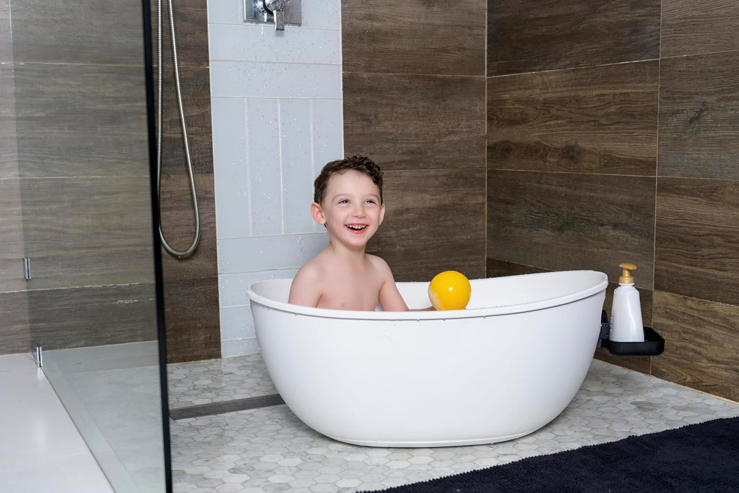Luxury Standing Baby Bathtub, 3-Stage Convertible with Wooden Stand, Ergonomic Design, No Tray