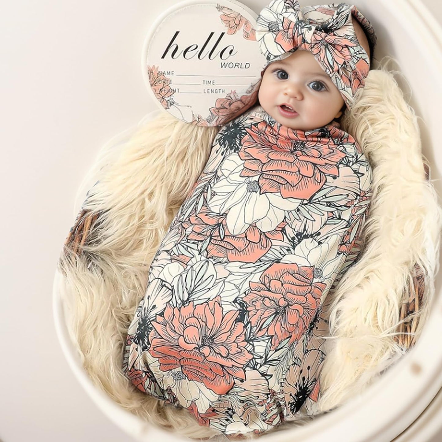 Galabloomer Newborn Receiving Blanket Headband Set Baby Flower Swaddle (vintage flower)