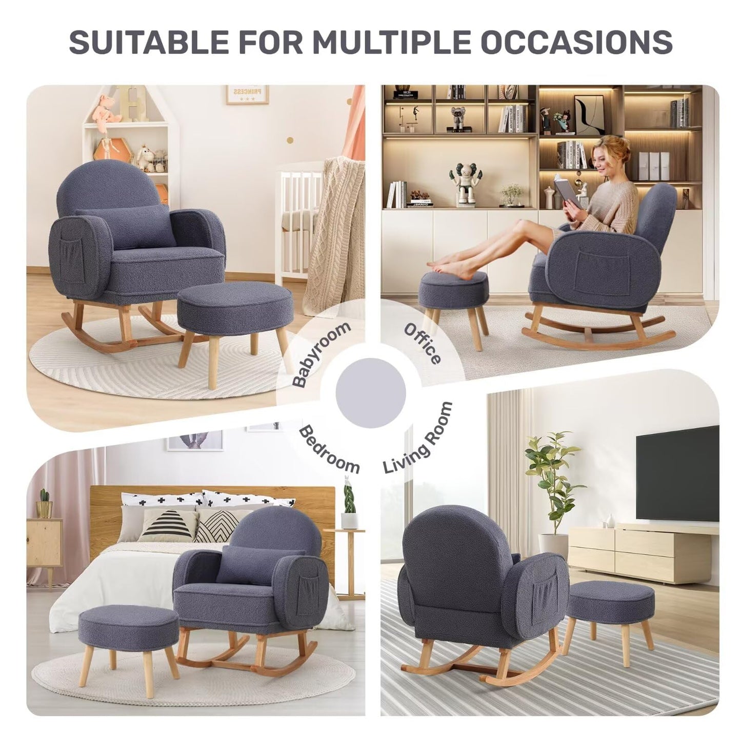 Rocking Chair with Ottoman, Upholstered Glider Rocker with High Backrest and Side Pocket, Rocking Accent Armchair with Solid Wood Legs for Nursery, Living Room, Bedroom Green