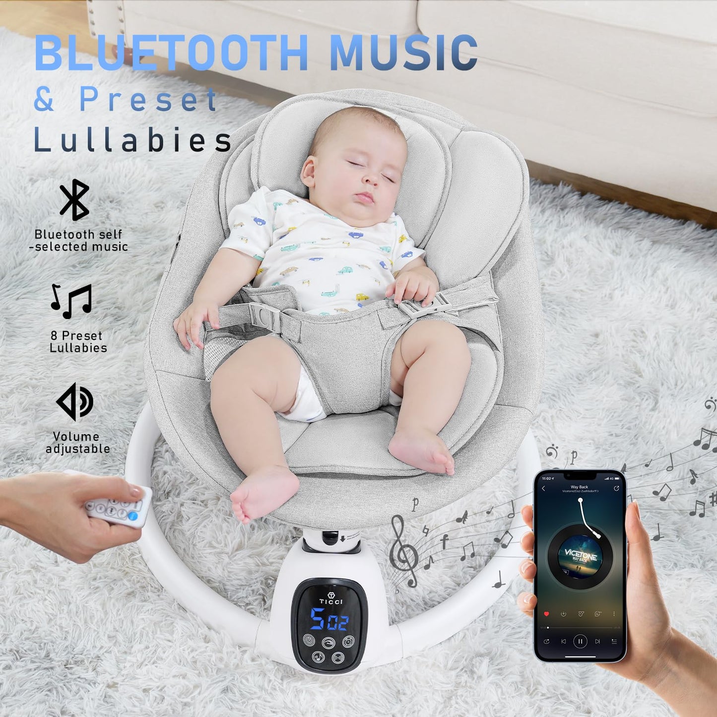 T TICCI Baby Swings for Infants, Smart Portable Baby Swing for Newborn, Bluetooth Infant Swing with Music Speaker, Remote Control Indoor Rocker with 5 Sway Speeds, 0-6 Months, Pink