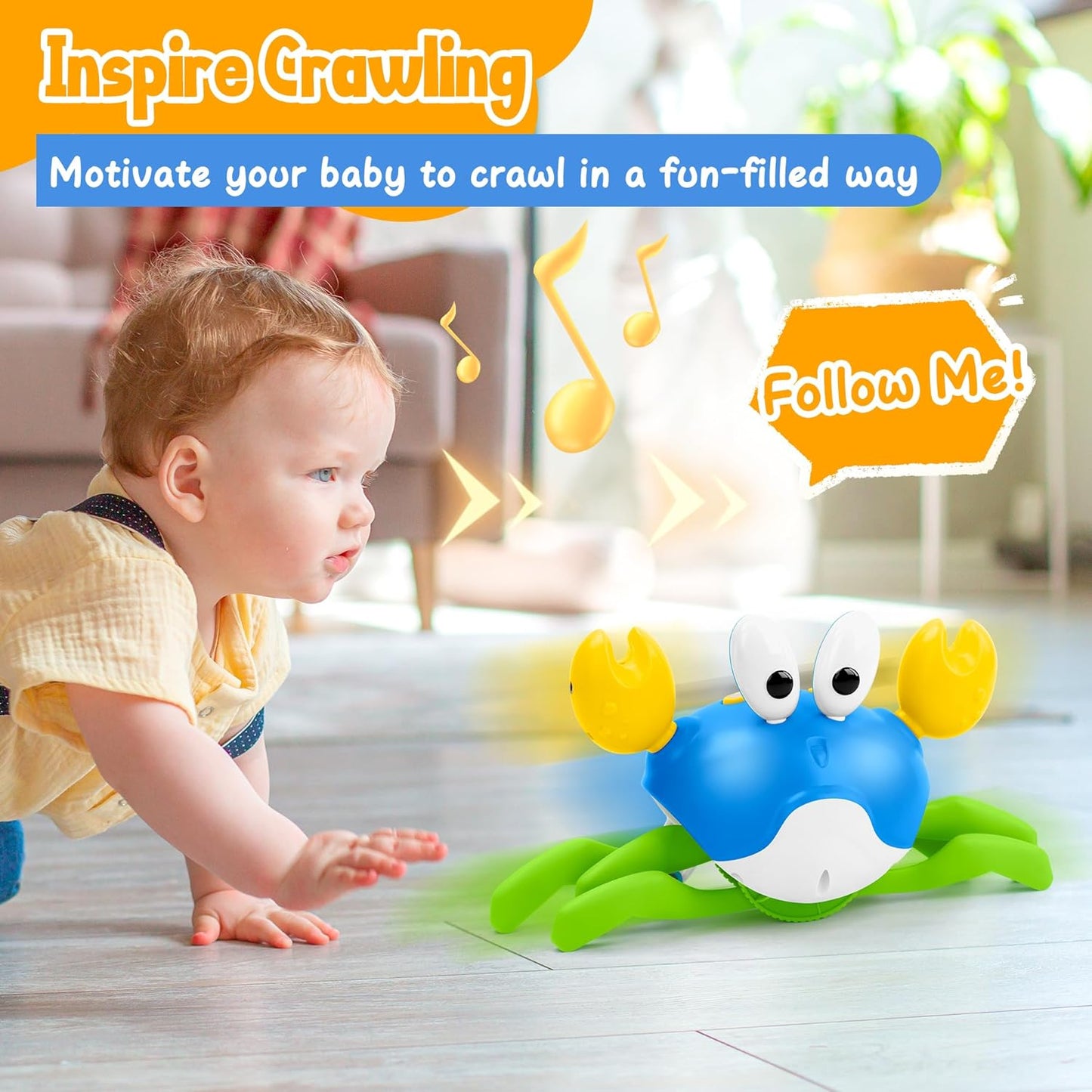 Crawling Crab Baby Toy, Increase Baby's Tummy Time Crab, Inspire Crawling, Automatic Obstacle, Rechargeable, Music, Speed Adjustment, Recording, Dancing Crab Toy for Kid's Sensory Development