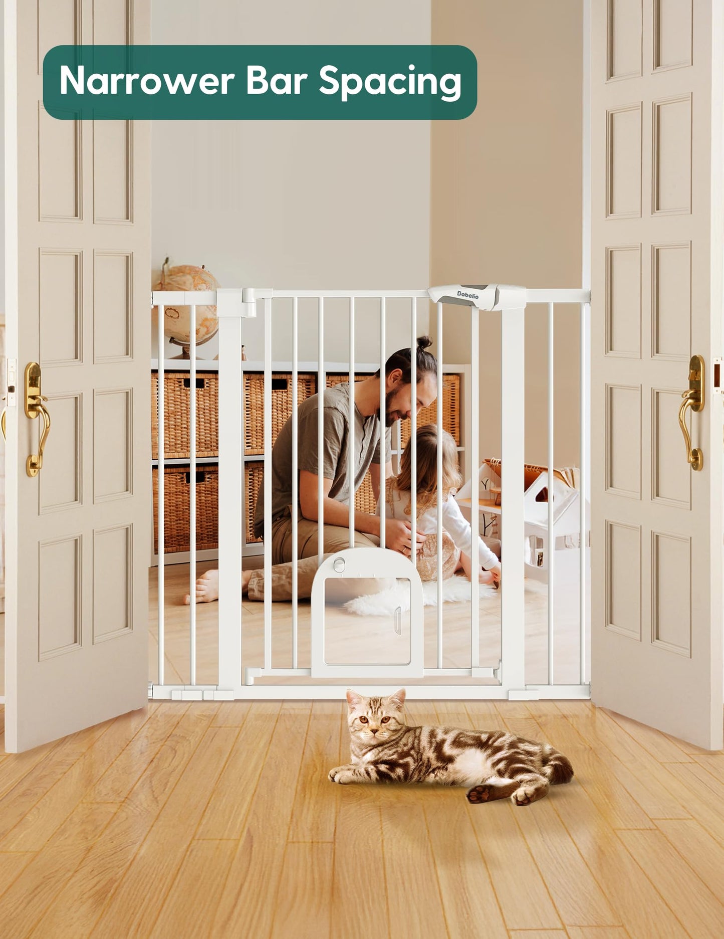 Babelio Upgraded Baby Gate with Cat Door, 29-43" Auto Close Durable Dog Gate for Stairs, Doorways and House, Easy Walk Thru Safety Gate with Pet Door Includes 4 Wall Cups, Black
