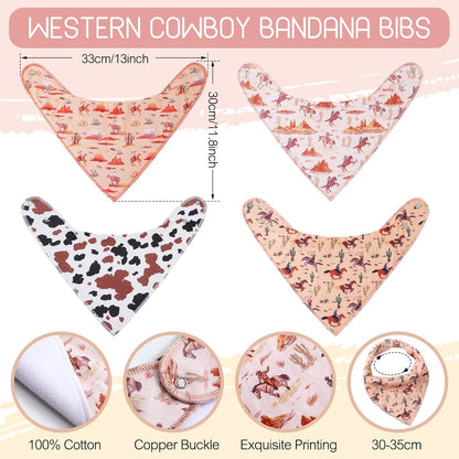4 Pcs Western Cowboy Baby Bandana Bibs Newborn Infant Feeding Drool Bibs Wild West Cotton Bib for Drooling and Teething Nursery Burp Cloths for Girls Boys