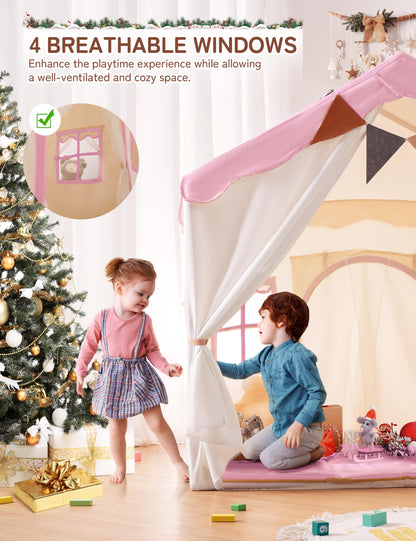 BESREY Kids Play Tent - 2 in 1 with Padded Mat & Lights, Large Playhouse with 2 Doors & 4 Windows, Indoor & Outdoor, Christmas Toddler Play Tent, 51" x 35" x 51