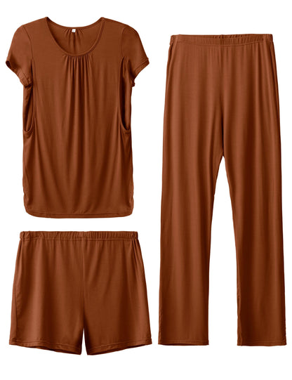 SUNNYBUY Womens Maternity Nursing Pajamas Set, Short Sleeve Breastfeeding Shirts，Pregnancy Shorts & Pants 3 Piece Nursing PJS
