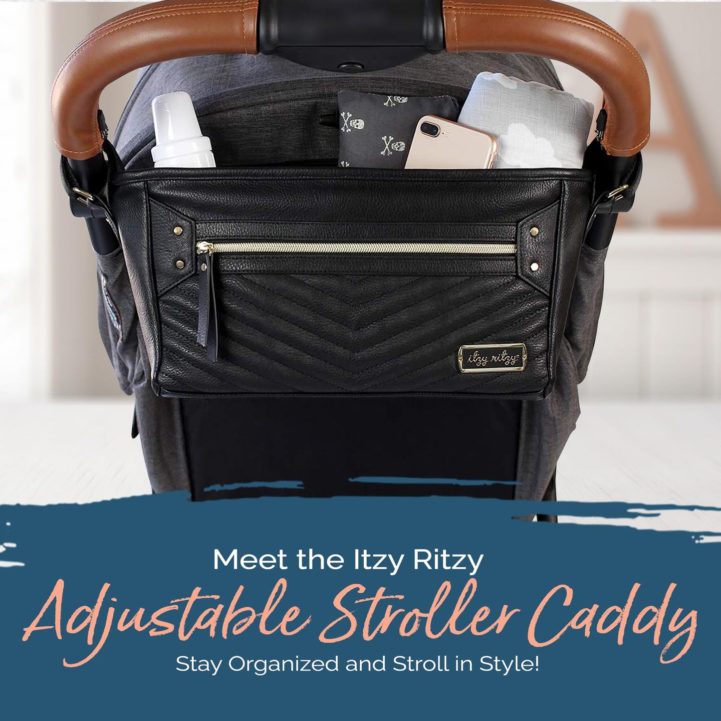 Itzy Ritzy Adjustable Stroller Caddy and Organizer Bag Featuring Front Zippered Pocket, 2 Built-in Interior Pockets & Adjustable Straps to Fit Nearly Any Stroller (Chai)