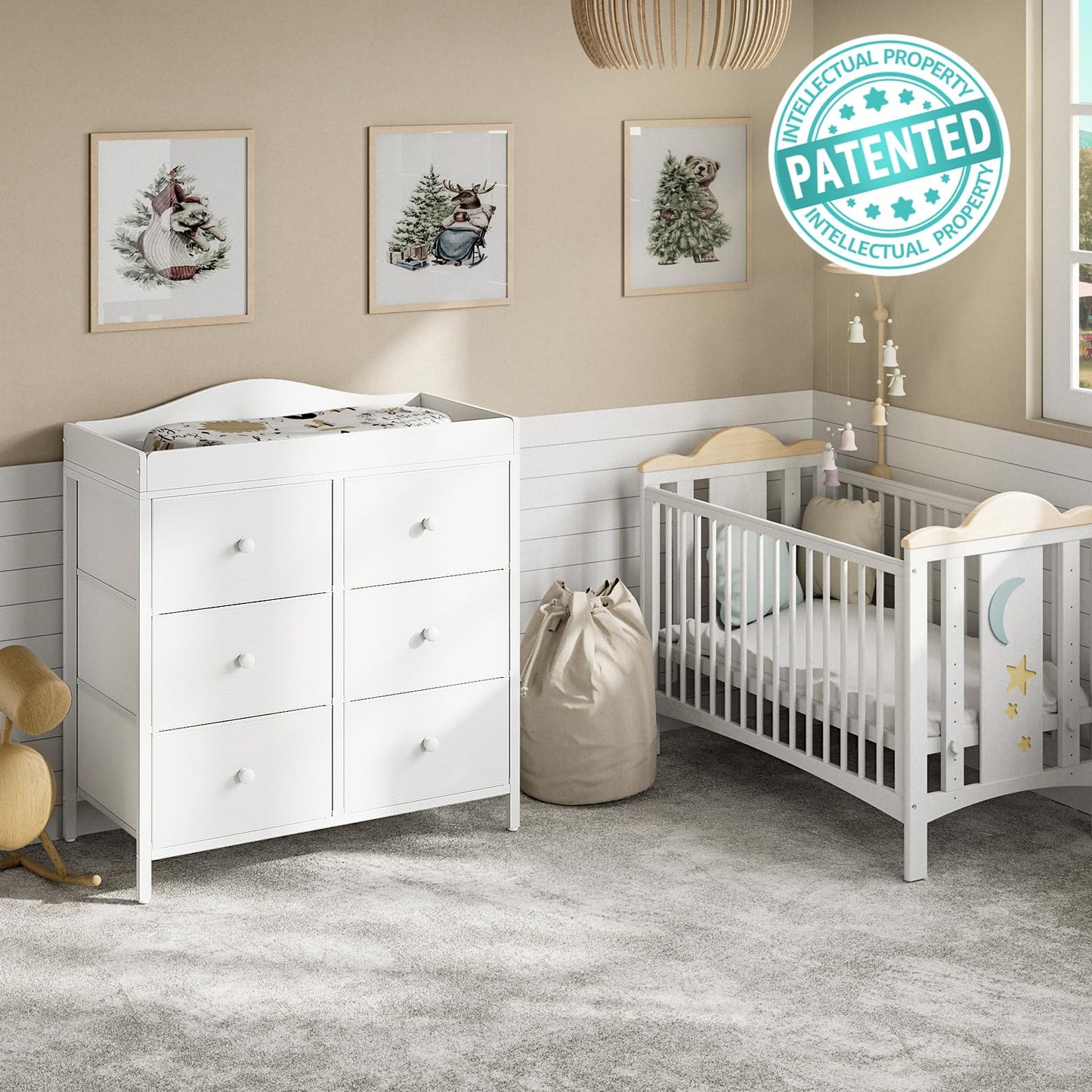 BOLUO Changing Table Dresser with 6 Fabric Drawers, Baby Dresser with Changing Table Top Diaper Changing Station with Storage for Nursery Modern