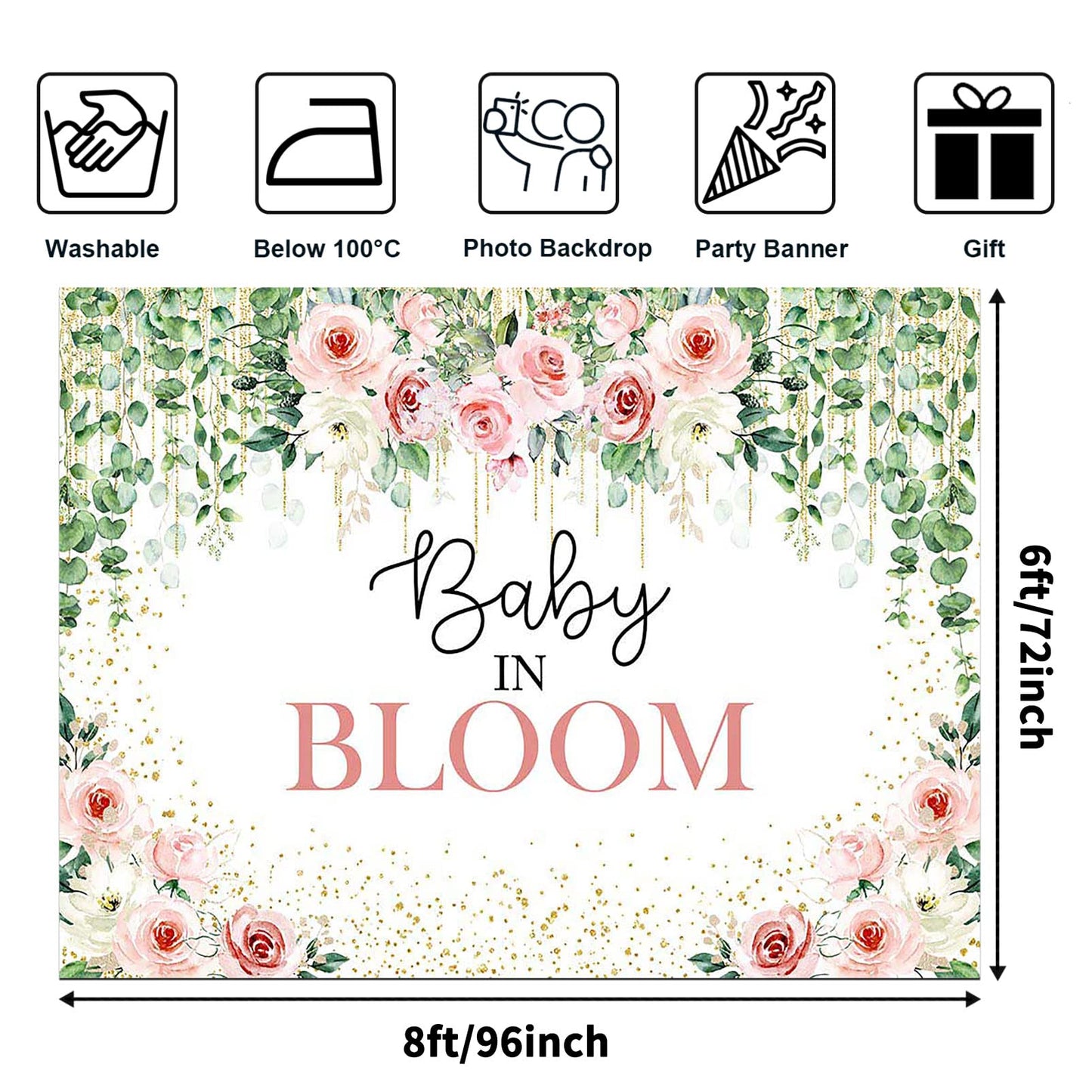 Avezano Baby in Bloom Backdrop Sage Green Leaves with Pink Flowers Baby Shower Party Decorations Baby Girl's Greenery Floral Nature Theme Photography Background Cake Table Banner (6x5ft(72x60in))