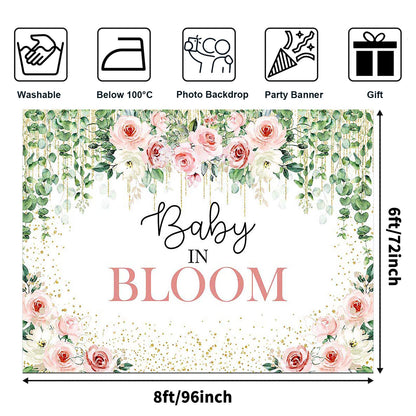 Avezano Baby in Bloom Backdrop Sage Green Leaves with Pink Flowers Baby Shower Party Decorations Baby Girl's Greenery Floral Nature Theme Photography Background Cake Table Banner (6x5ft(72x60in))