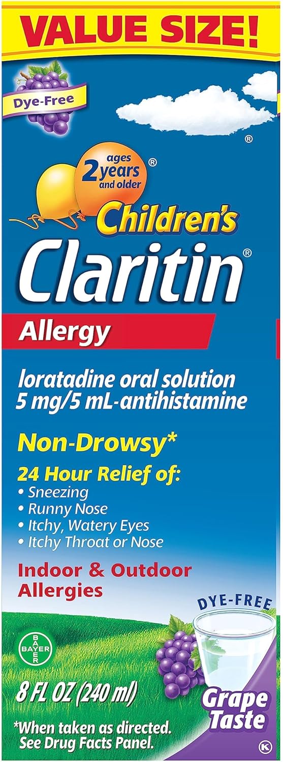 Claritin Children's Allergy Medicine, 24-Hour Non-Drowsy Loratadine 5mg, Antihistamine Liquid for Kids Aged 2 Years and Older, Grape Flavored, 8 fl oz.