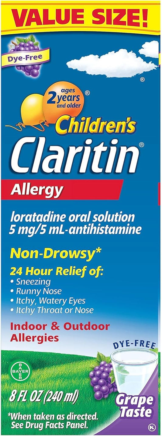 Claritin Children's Allergy Medicine, 24-Hour Non-Drowsy Loratadine 5mg, Antihistamine Liquid for Kids Aged 2 Years and Older, Grape Flavored, 8 fl oz.