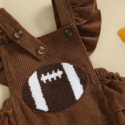 Football Baby Girl Outfit Embroidery Football Romper Ruffle Sleeve Corduroy Bodysuit Overalls Game Day Clothes