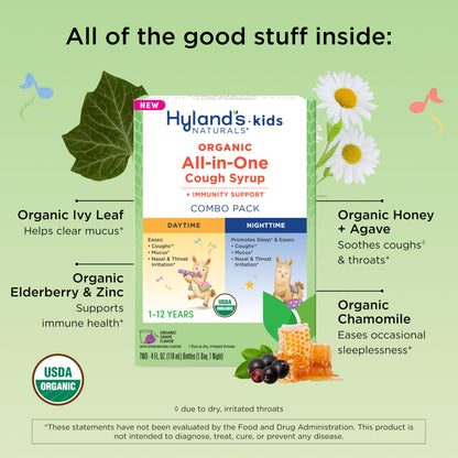 Hyland's Kids Cold and Cough, Day and Night Combo Pack, Cold Medicine for Ages 2 and up, Syrup Cough Medicine for Kids, Nasal Decongestant, 4 Fl Oz (Pack of 2)