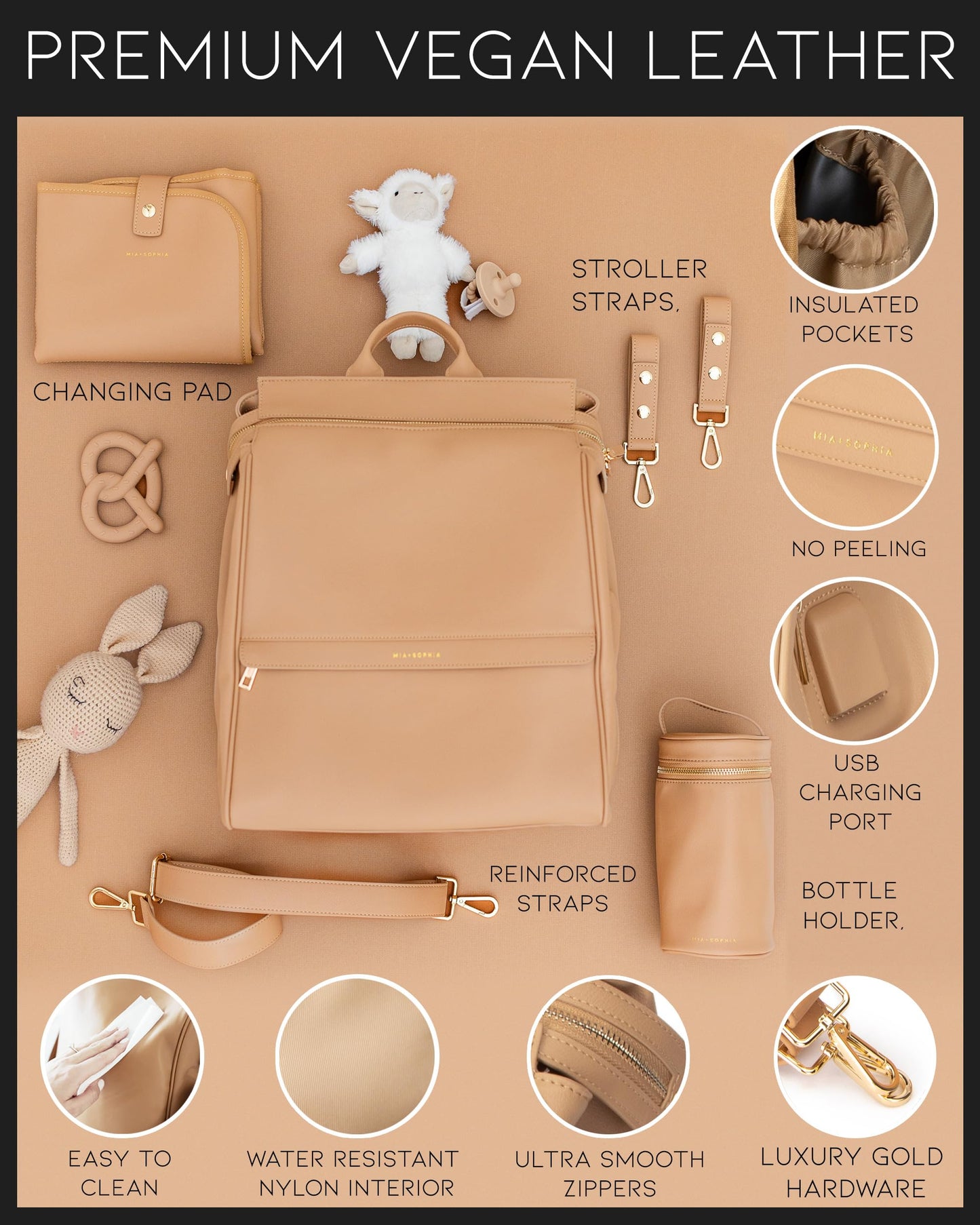 Leather Diaper Bag Backpack with USB Charging port, Changing Pad, Stroller Straps, and Bottle Holder (Brown Olivia)