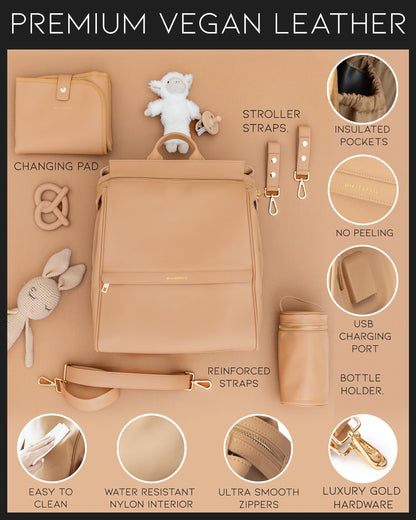 Leather Diaper Bag Backpack with USB Charging port, Changing Pad, Stroller Straps, and Bottle Holder (Brown Olivia)