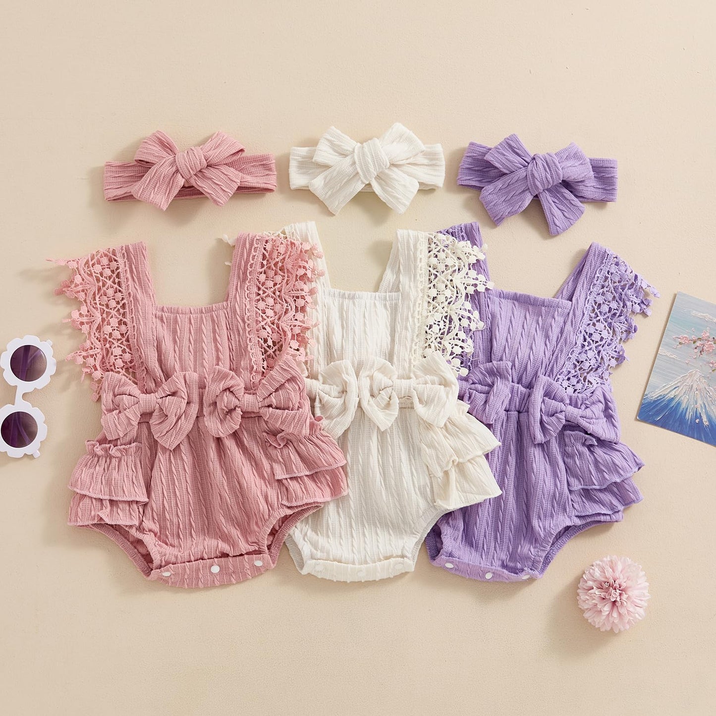 Newborn Baby Girl Lace Romper Ruffle Sleeveless Backless One Piece Jumpsuit Bodysuit with Headband Summer Clothes