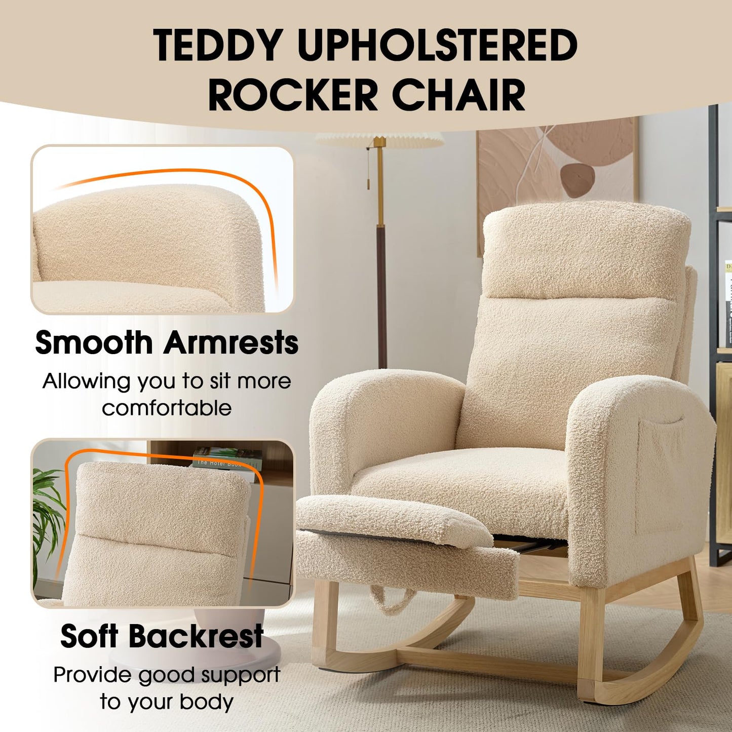 NIOIIKIT Modern Nursery Rocking Chair, Teddy Upholstered Rocking Chair with Footrest, Comfortable Glider Rocker with Side Pocket for Living Room, Bedroom, Nursing Room (Beige)