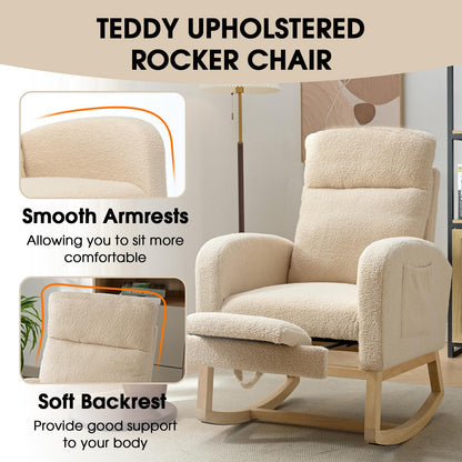 NIOIIKIT Modern Nursery Rocking Chair, Teddy Upholstered Rocking Chair with Footrest, Comfortable Glider Rocker with Side Pocket for Living Room, Bedroom, Nursing Room (Beige)