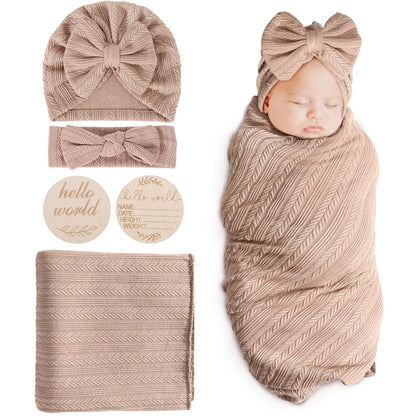 DRESHOW BQUBO Baby Swaddle Blankets for Girls, 4PCS Newborn Accessories Set with Matching Hat and Bow Headband with Card