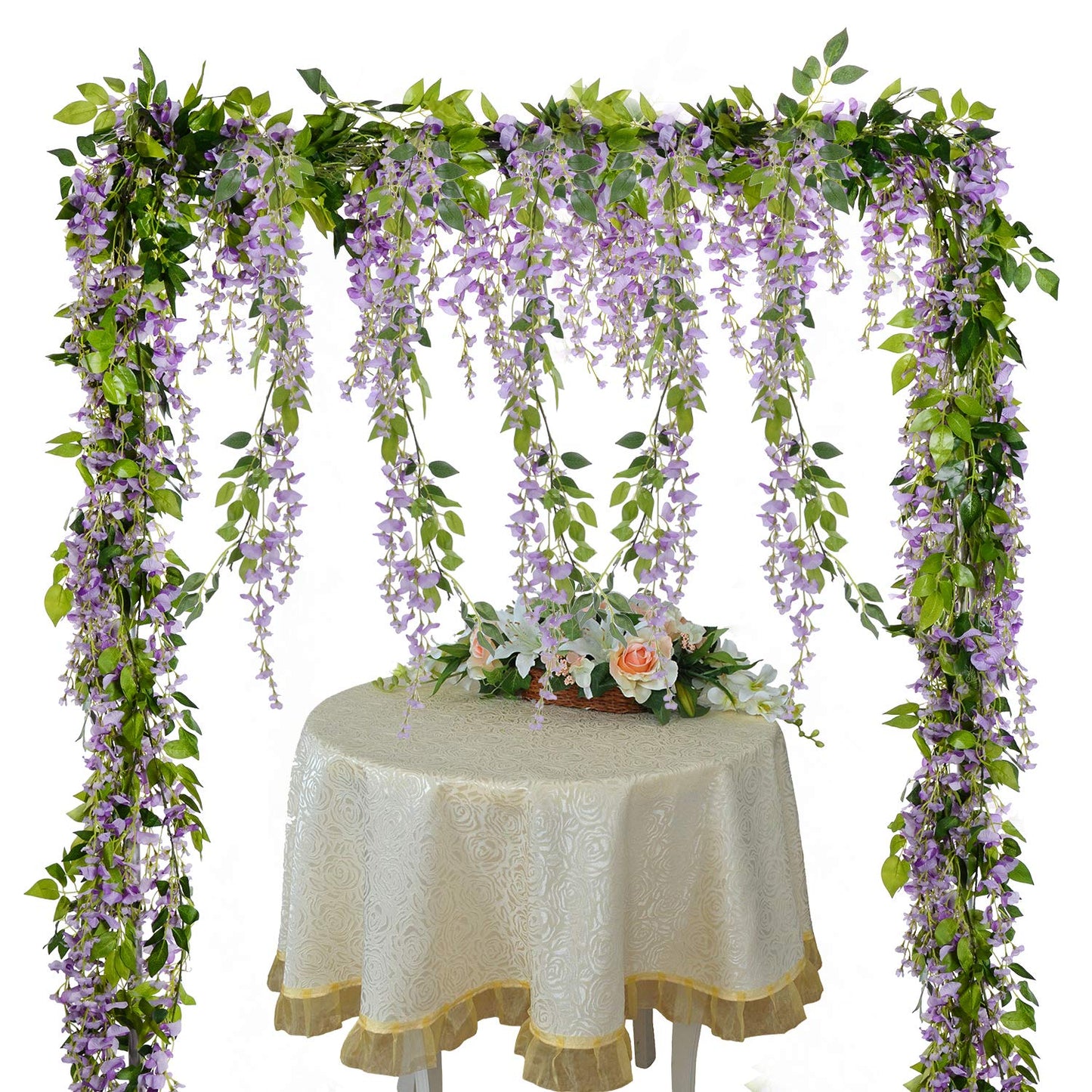 Lvydec Wisteria Artificial Flowers Garland, 4Pcs Total 28.8ft White Artificial Wisteria Vine Silk Hanging Flower for Home Garden Outdoor Ceremony Wedding Arch Floral Decor