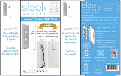 Sleek Socket Original & Patented Ultra-Thin Outlet Concealer with Cord Concealer Kit, Flat Extension Cord with Multi Outlets Power Strip, Ideal for Home Improvement, Hide Bulky and Messy Cords