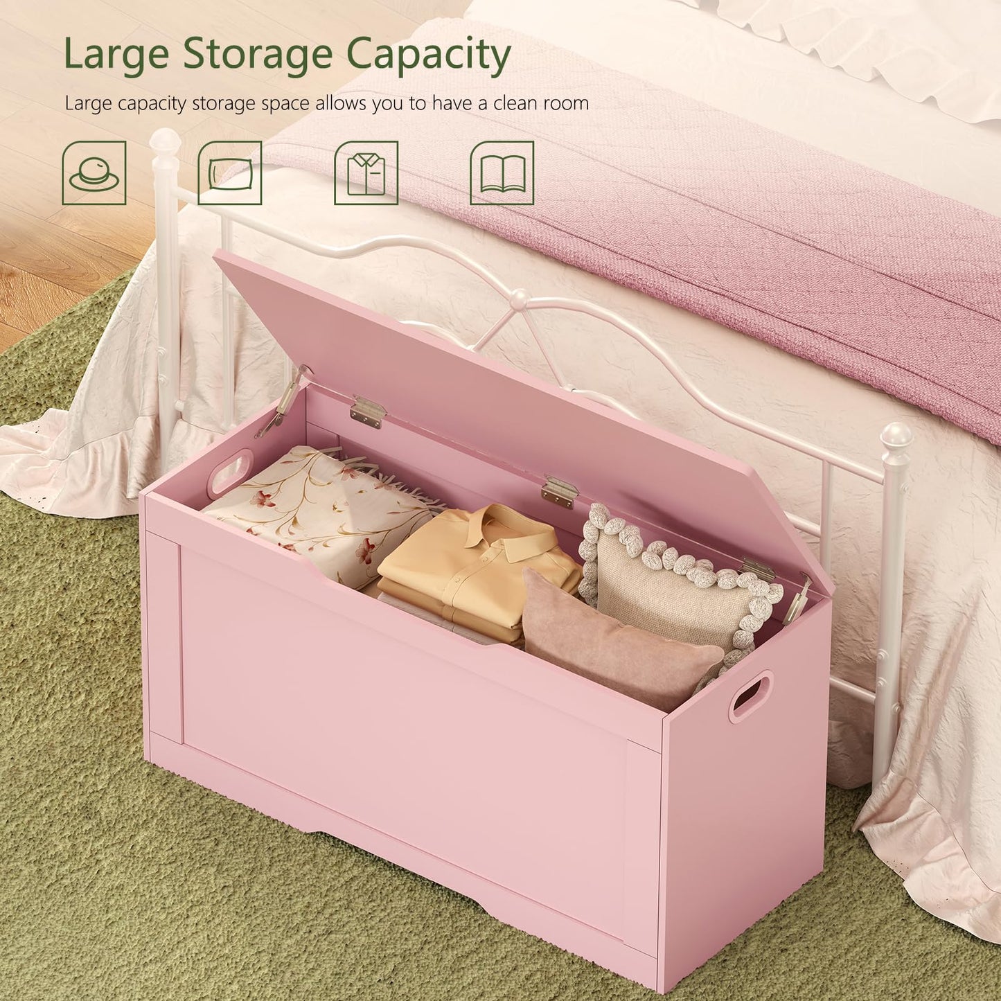 usikey 39.4” Storage Chest, Toy Box with 2 Safety Hinges, Toy Chest, Storage Bench for Bedroom, Supports 220 lb, for Living Room, Entryway, Pink