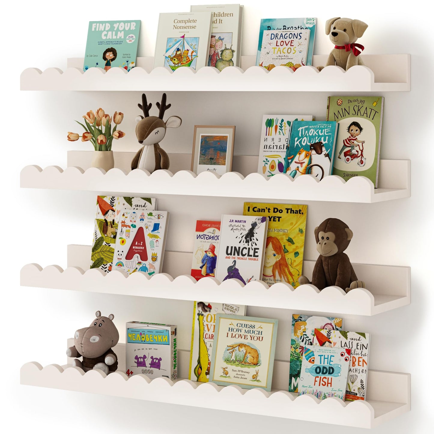 Nursery Book Shelves, 4-Pack White Floating Shelves for Wall Kids, Scalloped Shelves, Wall Book Shelves for Bedroom Kids, Toddler Room, Baby Room, Nursery Decor