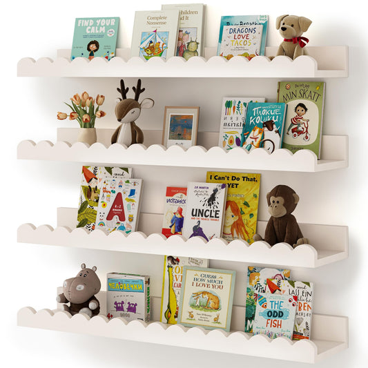 Nursery Book Shelves, 4-Pack White Floating Shelves for Wall Kids, Scalloped Shelves, Wall Book Shelves for Bedroom Kids, Toddler Room, Baby Room, Nursery Decor