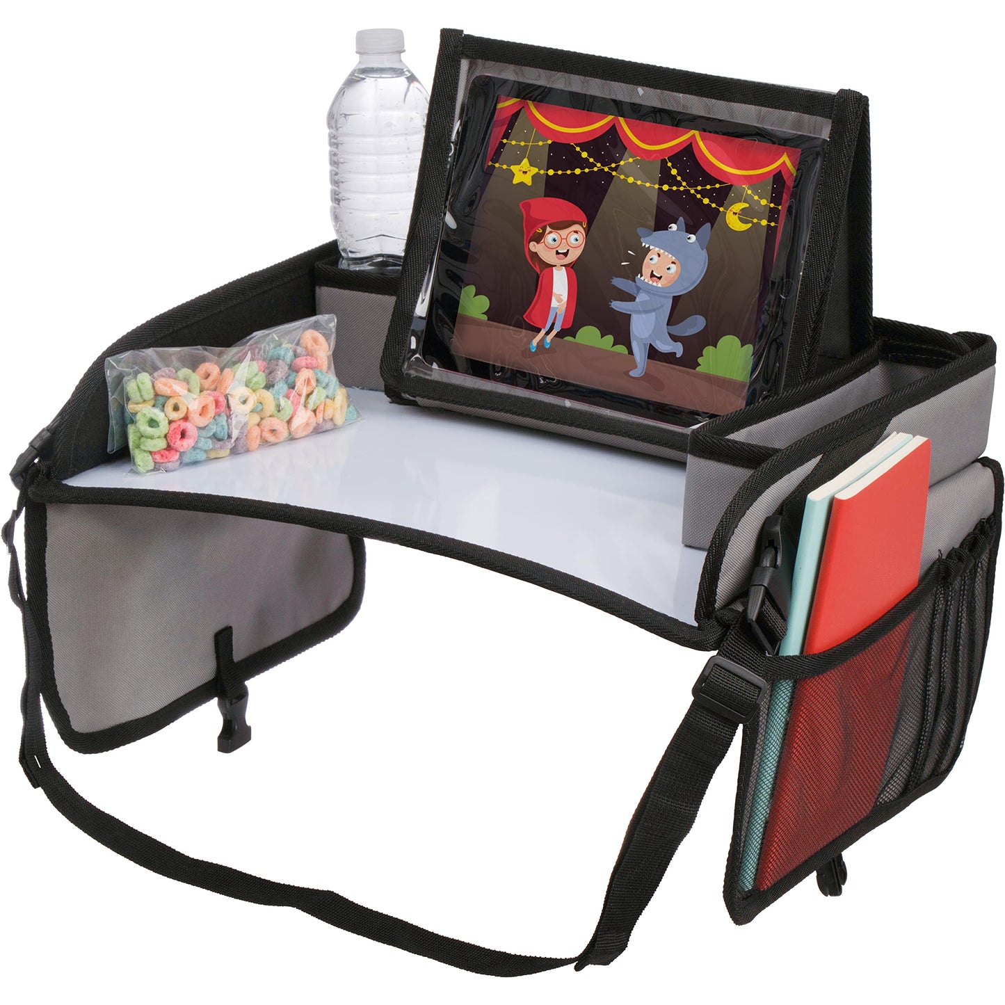 Lusso Gear Kids Travel Tray 2-Pack for Car Seats - Car Seat Tray with Tablet Stand, Mesh Pockets and Cup Holder - Road Trip Essentials Organizer and Activity Desk (Black)