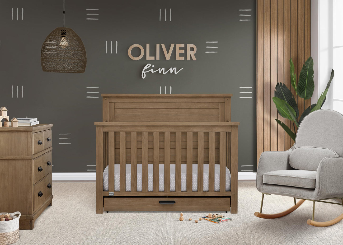 Delta Children Simmons Kids Caden 6-in-1 Convertible Crib with Trundle Drawer, Greenguard Gold Certified, Rustic Mist