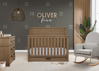 Delta Children Simmons Kids Caden 6-in-1 Convertible Crib with Trundle Drawer, Greenguard Gold Certified, Rustic Mist