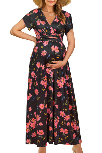 OUGES Maternity Maxi Dress Wrap V Neck Baby Shower Pregnancy Dresses for Photoshoot