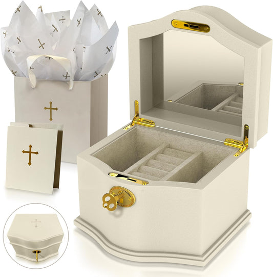Littlest Saint- Baptism Gifts for Girl | First Communion Gifts for Girls-Keepsake Jewelry Box with Gift-Ready Bundle | Christian-Themed Baptism Jewelry Organizer with Gift Bag, Card, & Tissue