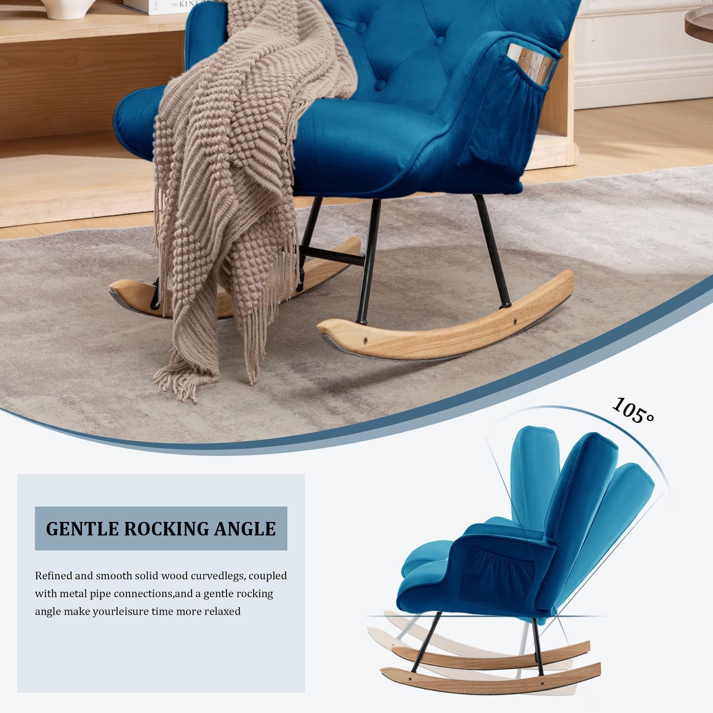 Rocking Chair for Nursery, Comfy Velvet Fabric Glider Rocker, Reading Chair with Support Seating and Side Pockets, Rocking Recliner Chair for Living Room, Bedroom, Balcony, Creamy Beige