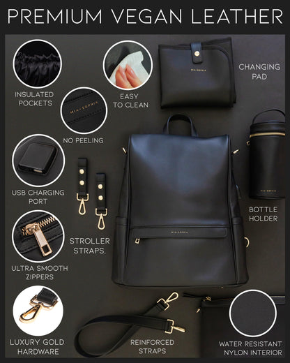 Leather Diaper Bag Backpack with USB Charging port, Changing Pad, Stroller Straps, and Bottle Holder (Brown Olivia)