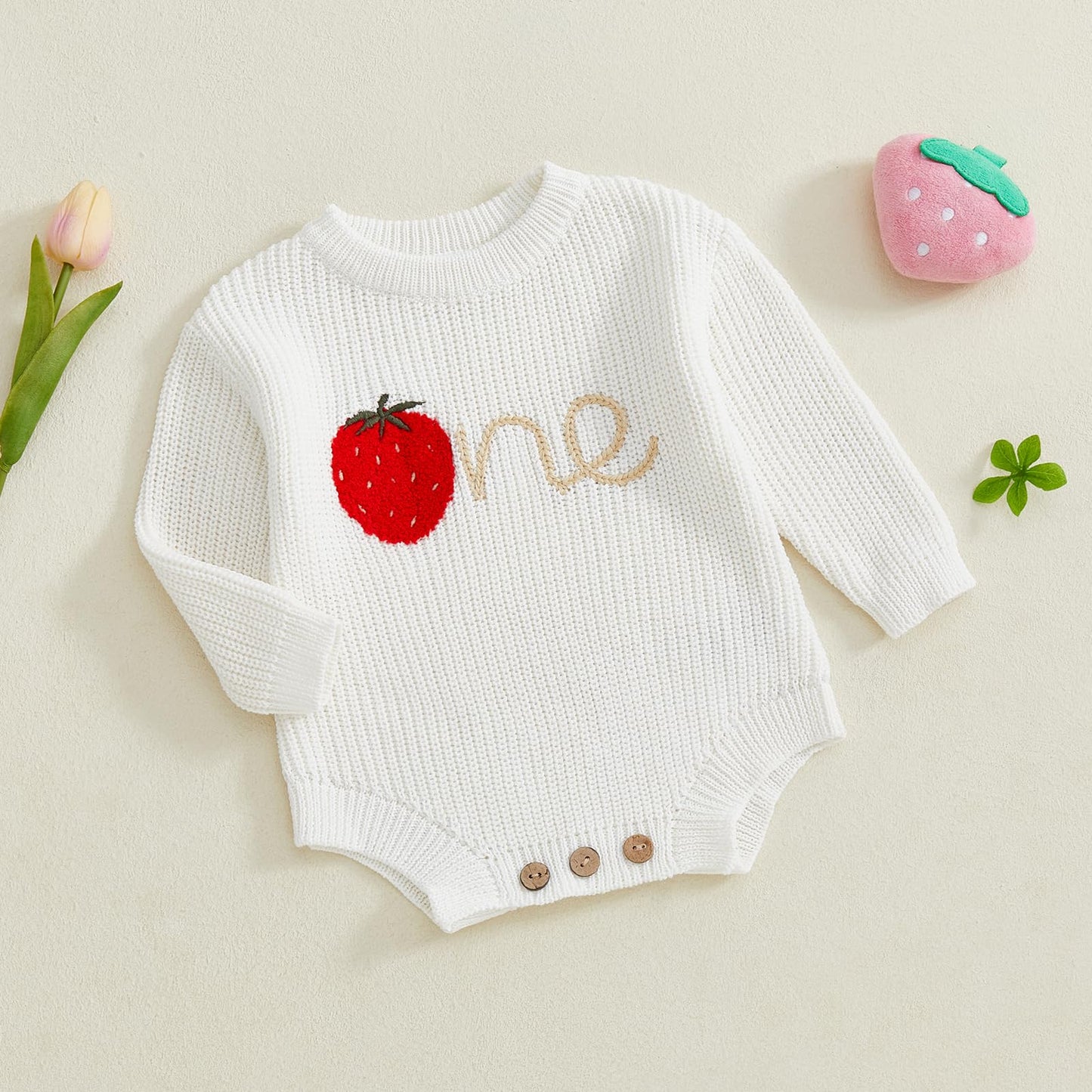 Baby Girl First Birthday Outfit One Year Old Strawberry Embroidery Knit Sweater Romper Warm Fall Winter Clothes