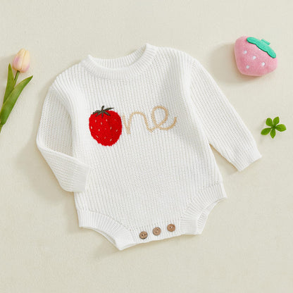 Baby Girl First Birthday Outfit One Year Old Strawberry Embroidery Knit Sweater Romper Warm Fall Winter Clothes