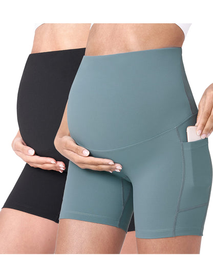 POSHDIVAH Women's Maternity Yoga Shorts Over The Belly Bump Summer Workout Running Active Short Pants with Pockets 5"/8"