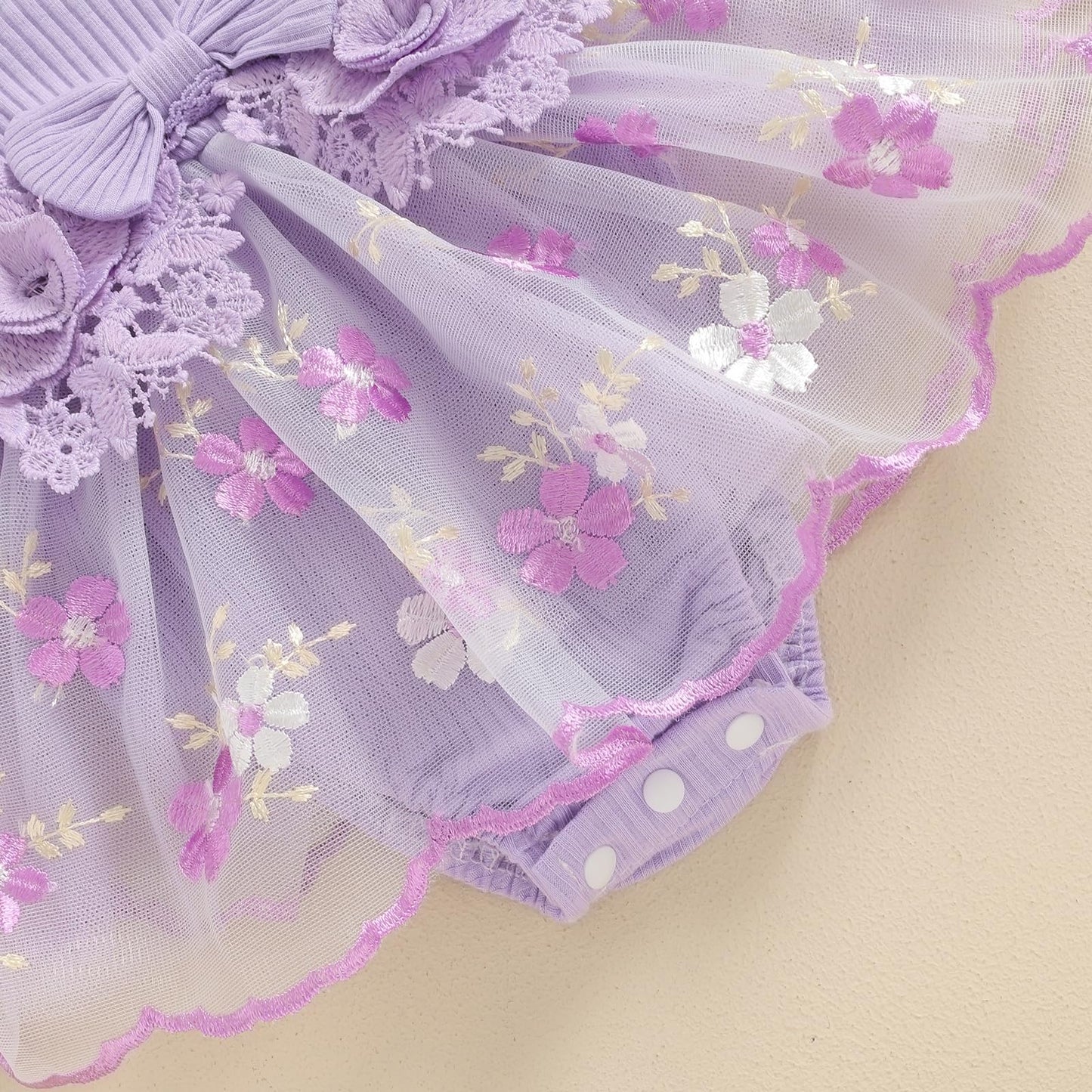 Hnyenmcko Newborn Baby Girl Summer Romper Dress Infant Fly Sleeve Flower Embroidery Mesh Tulle Skirt Hem Ribbed Bodysuit