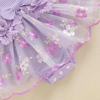 Hnyenmcko Newborn Baby Girl Summer Romper Dress Infant Fly Sleeve Flower Embroidery Mesh Tulle Skirt Hem Ribbed Bodysuit