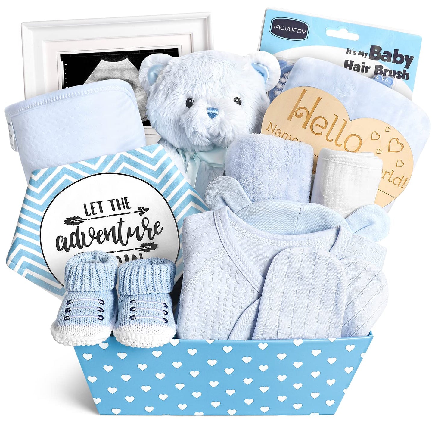 Baby Gift Set for Newborn, New Baby Boy Gift Basket, Newborn Essentials Hat Onesie Bear Toys Keepsake Blanket Infant Diaper Changing Pad Bibs, Baby Shower Gifts for Boys