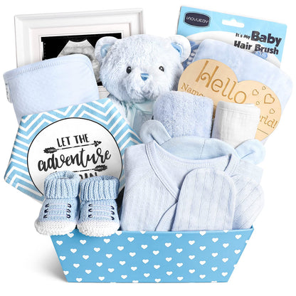 Baby Gift Set for Newborn, New Baby Boy Gift Basket, Newborn Essentials Hat Onesie Bear Toys Keepsake Blanket Infant Diaper Changing Pad Bibs, Baby Shower Gifts for Boys