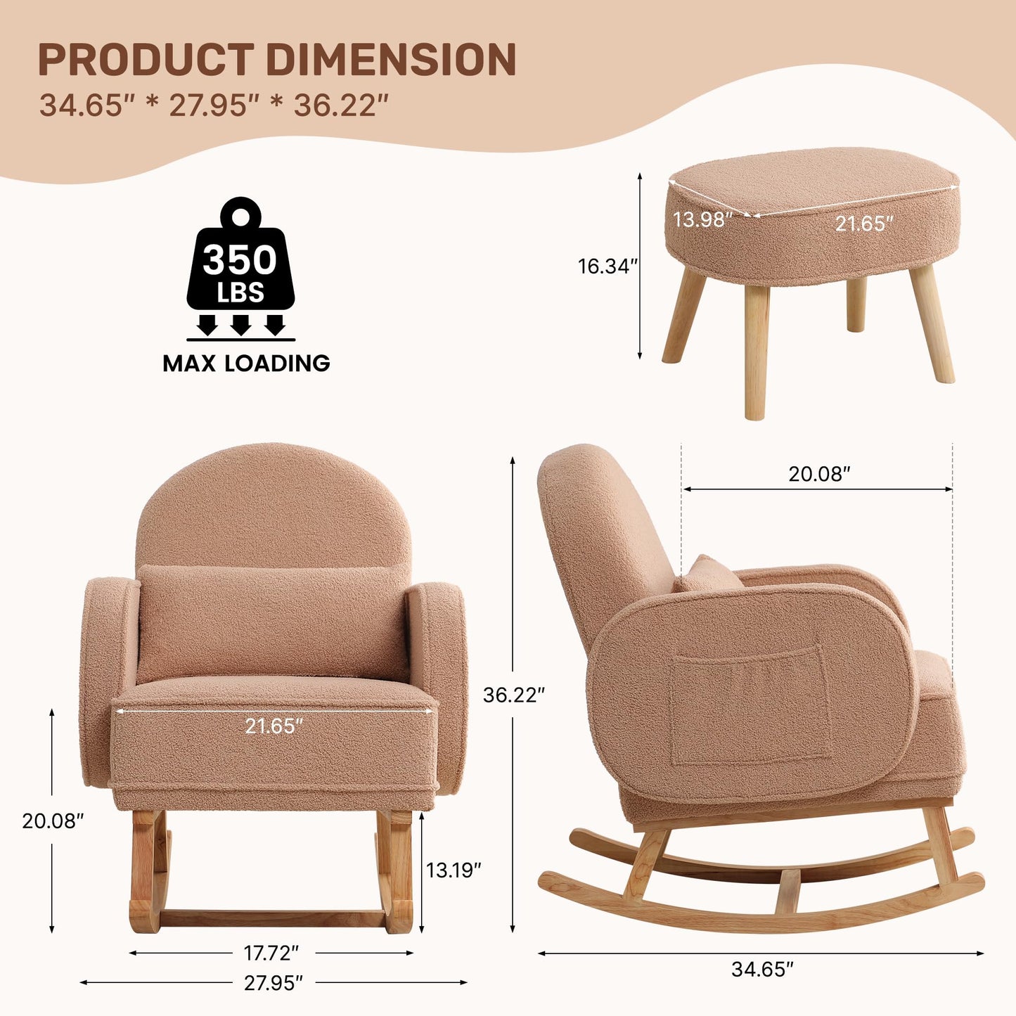 Rocking Chair with Ottoman, Upholstered Glider Rocker with High Backrest and Side Pocket, Rocking Accent Armchair with Solid Wood Legs for Nursery, Living Room, Bedroom Green