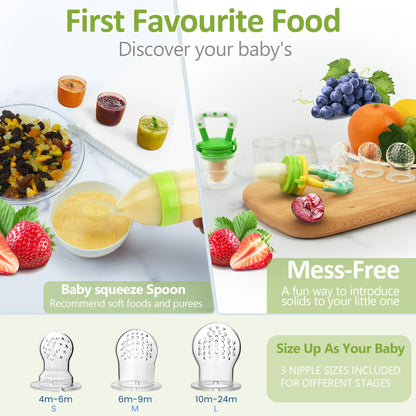 Food Feeder for Baby, Fruit Feeder Pacifier (3 Pcs) with 6 Different Sized Silicone Pacifiers 1 PCS Silicone Baby Food Dispensing Spoon 90ML with 1 PC Baby Spoons 1 PC Pacifier Clip Baby Feeding Set