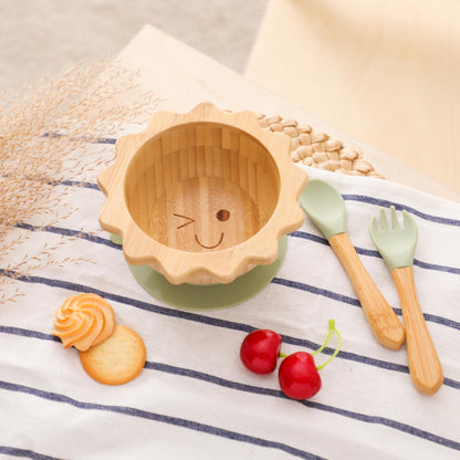 Bamboo Suction Plates Bowls Set for Baby Toddler Divided Platter Food bowl with Silicone Fork & Spoon All-Natural Baby Feeding Set for Baby-Led Weaning, Non-Slip Design