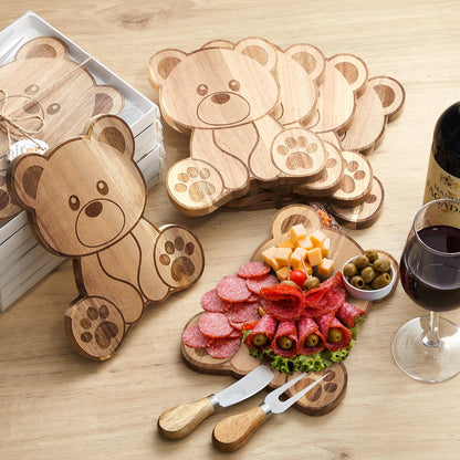 1 Set Baby Shower Party Favors Bear Shaped Cheese Board Set, Include Small Wood Cutting Charcuterie Boards with Knives and Forks Gift Box for Wedding Bridal Shower Birthday (Acacia Color)