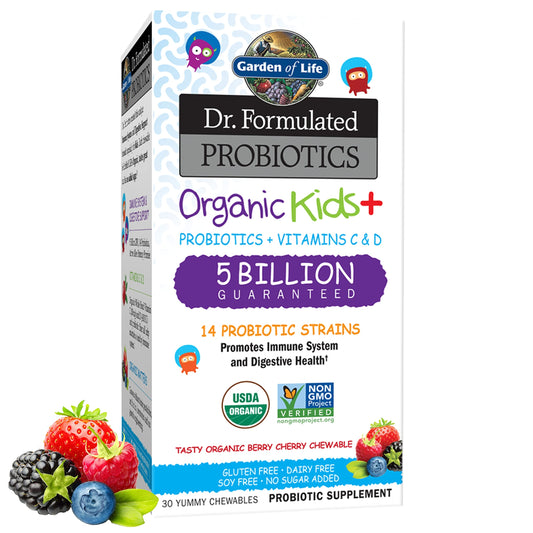 Garden of Life Dr. Formulated Probiotics Organic Kids+ Plus Vitamin C & D - Watermelon - Gluten, Dairy & Soy Free Immune & Digestive Health Supplement, No Added Sugar, 30 Chewables (Shelf Stable)