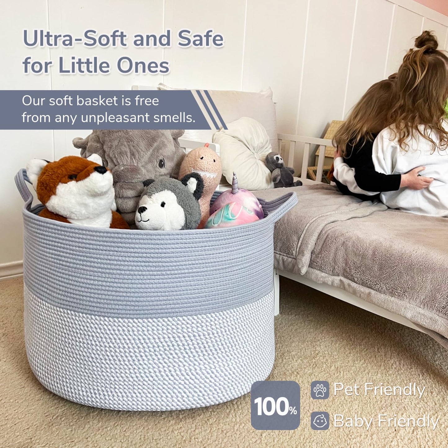 INDRESSME XXXLarge Cotton Rope Basket 21.7" x 21.7" x 13.8" Woven Baby Laundry Blanket Basket Toy Baskets with Handle Storage Comforter Cushions Thread Laundry Hamper